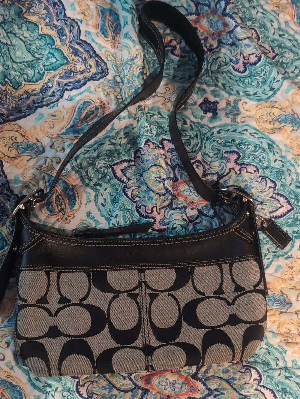 Coach Black and Gray Signature Canvas Shoulder Bag